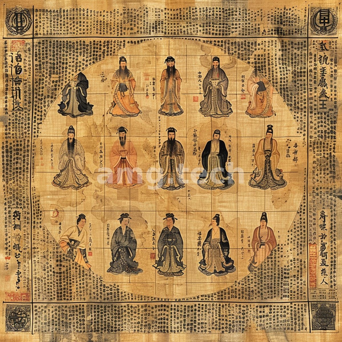 An aged scroll arrays rows of robed Chinese scholars amid dense calligraphy and vermilion seals, a venerable pantheon rendered in ochre and ink.
