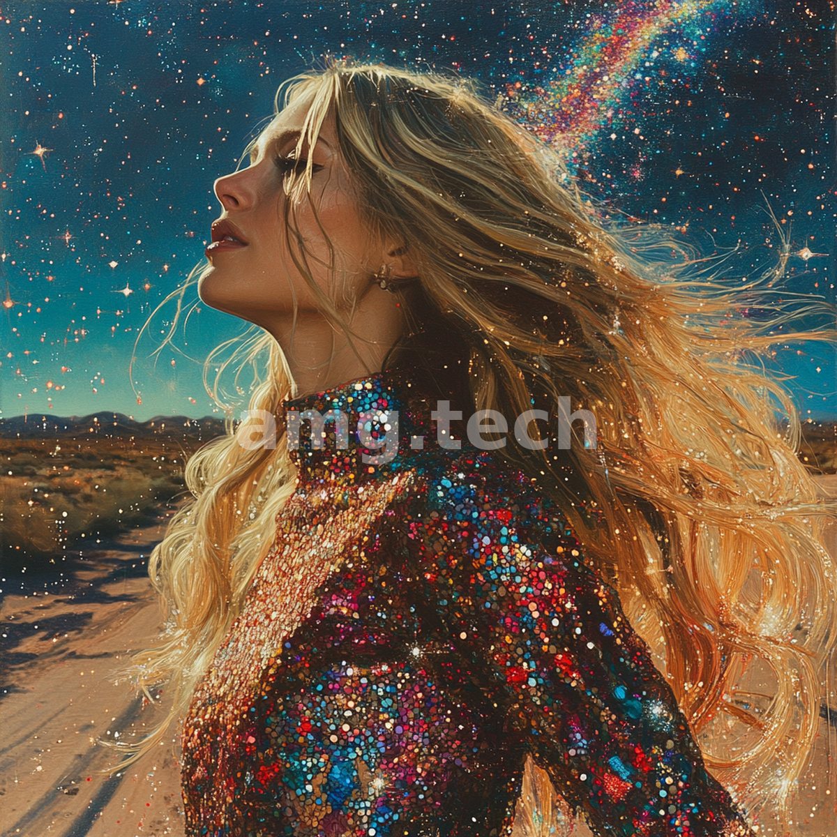 A golden-haired woman lifts her face to a jewelled cosmos, her sequined garment scattering colour across an open desert road beneath the stars.