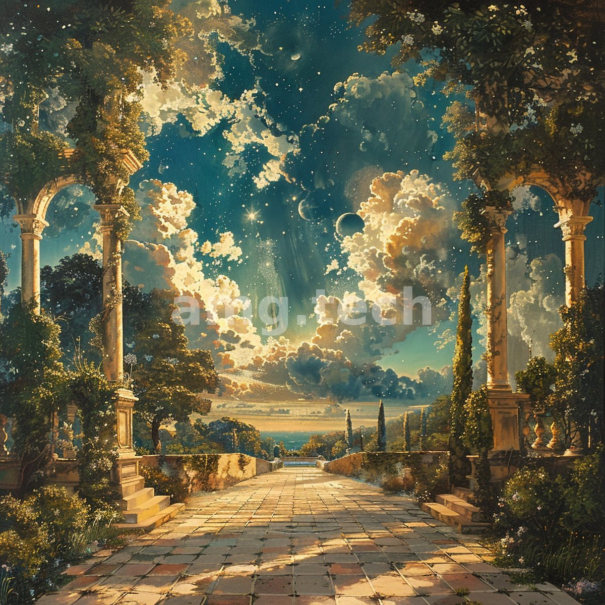 Weathered columns and climbing greenery frame a tiled terrace opening onto a luminous sky of drifting clouds and distant moons.