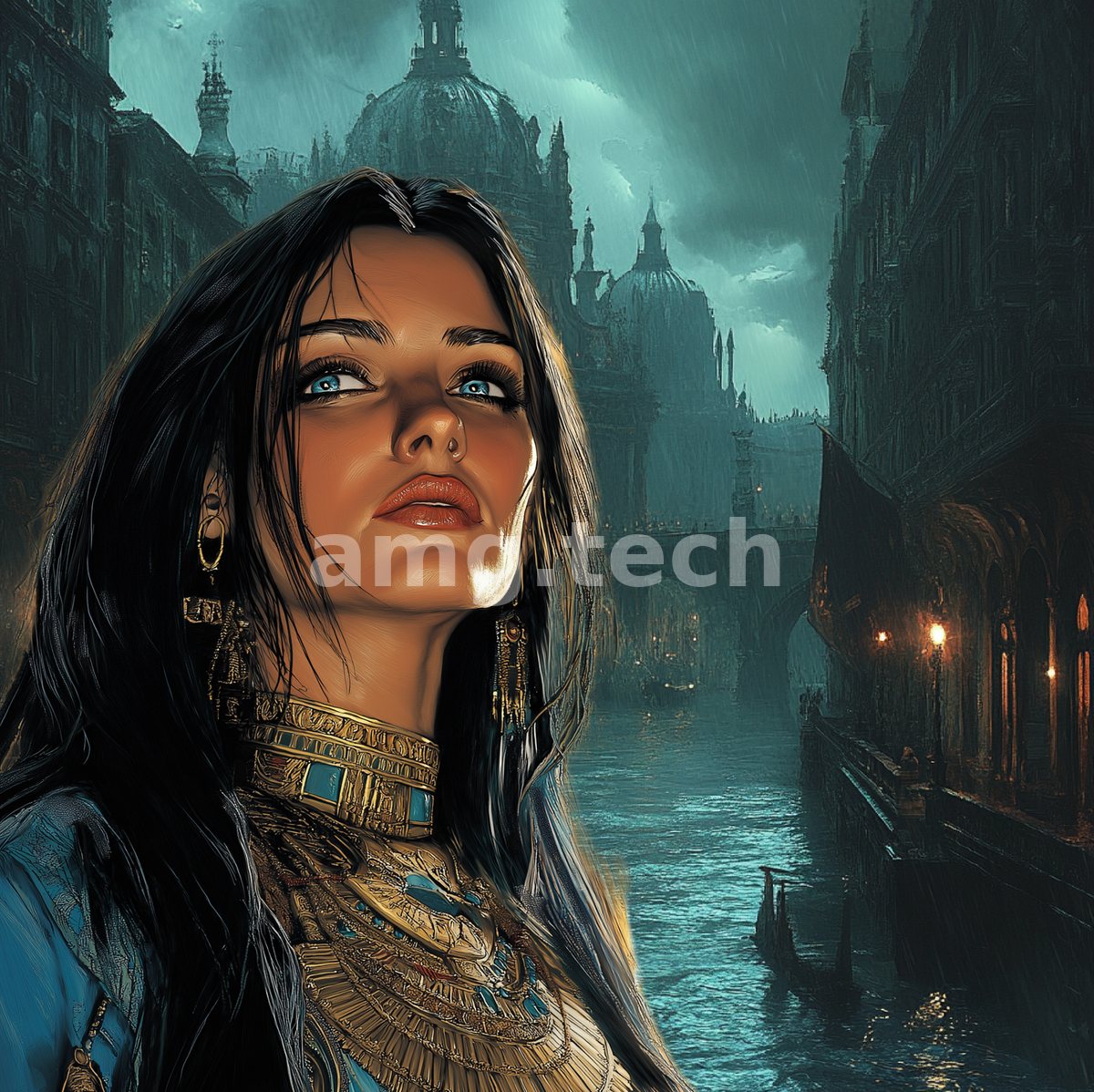 A blue-eyed woman in ornate golden collar gazes skyward above a rain-swept canal of domed cathedrals and lantern-lit stone bridges.