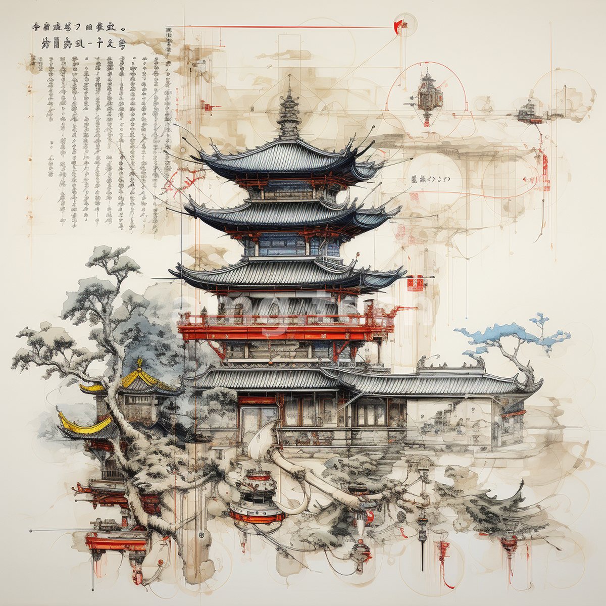 A towering pagoda rises through washes of ink and vermilion, annotated with faint calligraphy in the manner of an old architectural study.