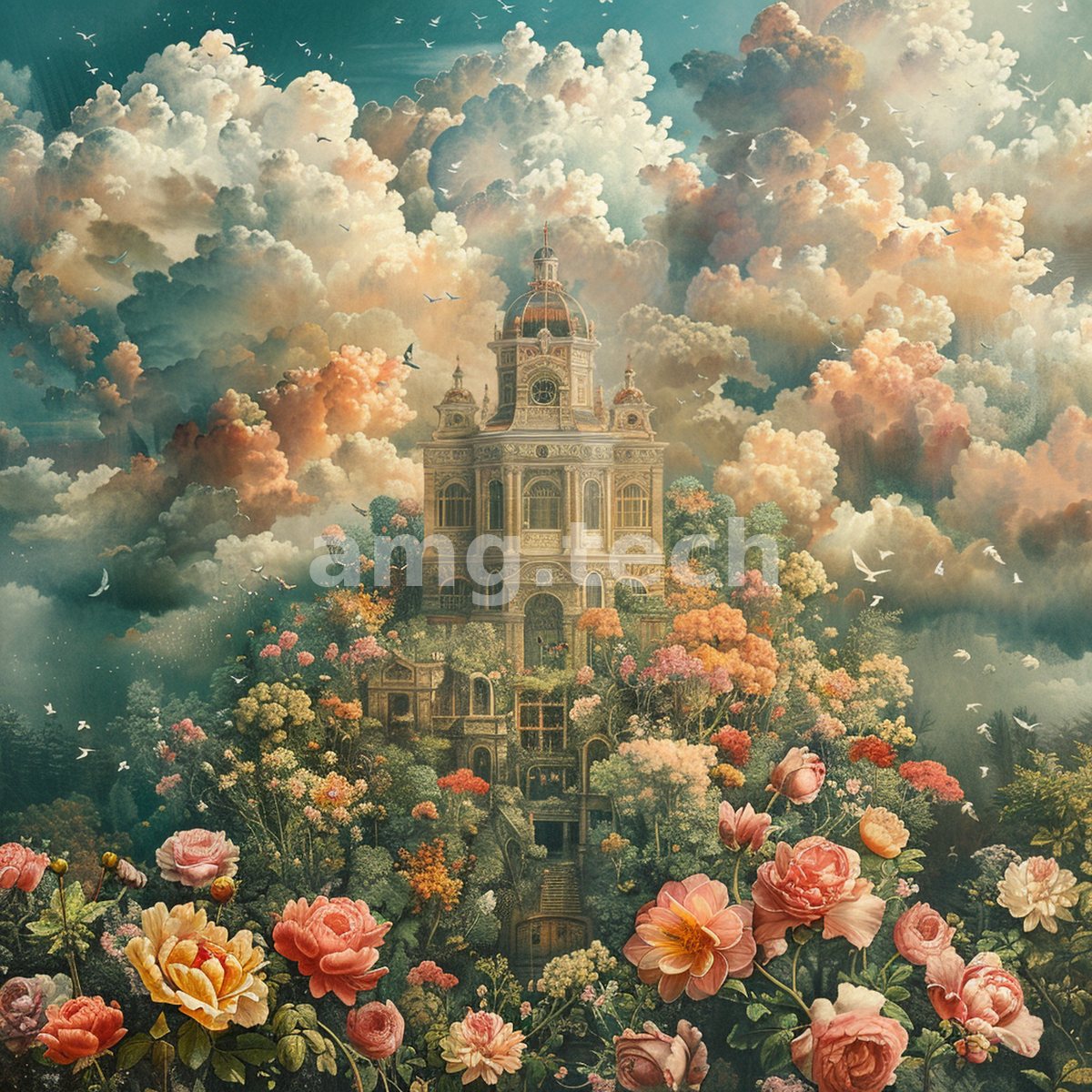 A domed baroque palace floats among peach-tinted clouds, rising from a cascade of blooming roses, dahlias and drifting white birds.