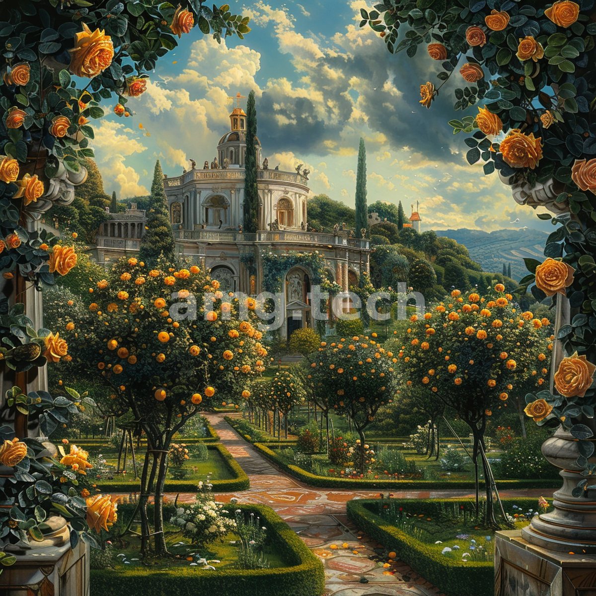 Rose-laden arches frame a formal parterre of fruiting orange trees leading to a sunlit classical villa beneath a billowing summer sky.