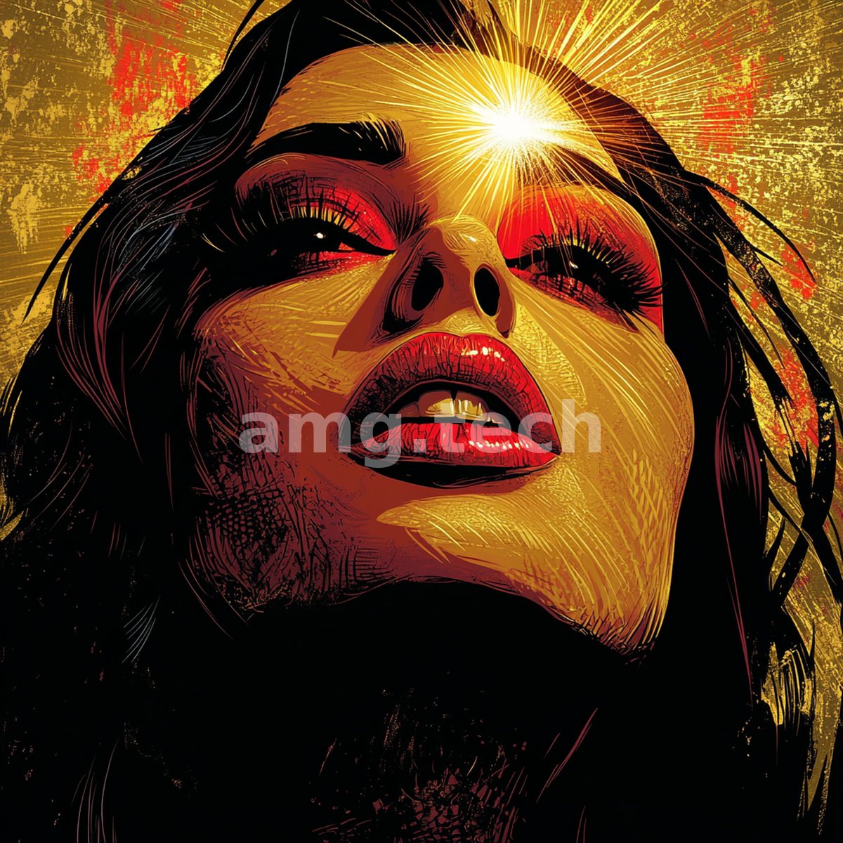 A stylised woman lifts her face toward a burst of golden light, rendered in bold graphic reds and blacks against a gilded ground.