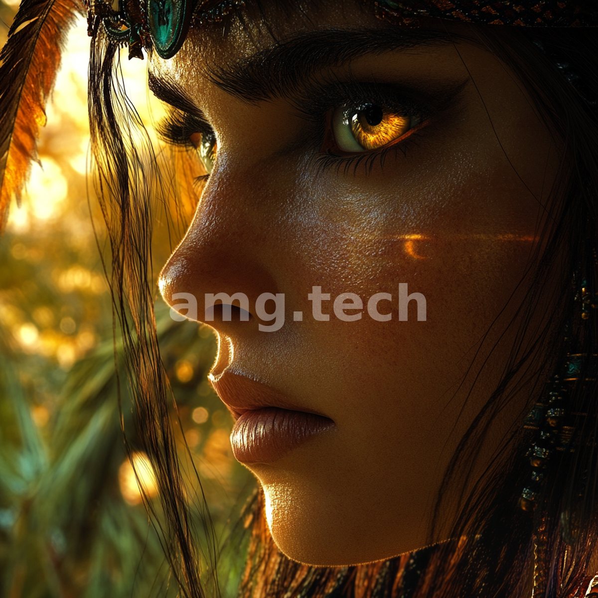 A young woman in feathered and jewelled adornment gazes aside, her amber eyes and sunlit skin glowing against a golden bokeh of foliage.