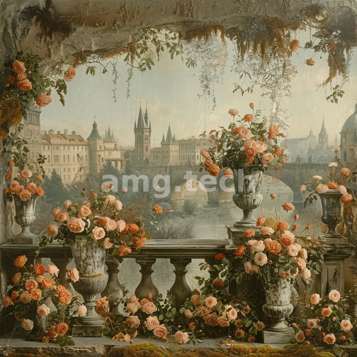 From a balustraded terrace laden with urns of peach roses, a misty vista of spired rooftops and a river bridge unfolds in soft antique tones.