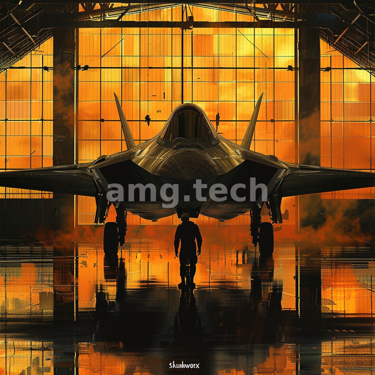 A stealth fighter and its lone attendant stand silhouetted before a blazing amber hangar window, mirrored in the polished floor.