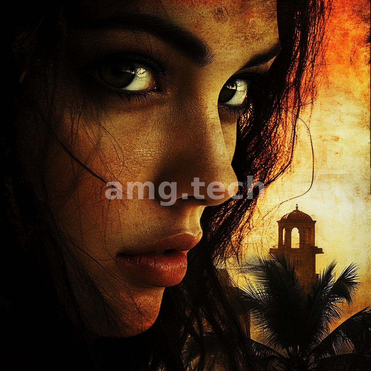 A woman's luminous eyes emerge from shadow beside a sunlit tower and palm silhouettes, the whole steeped in cracked, golden warmth.