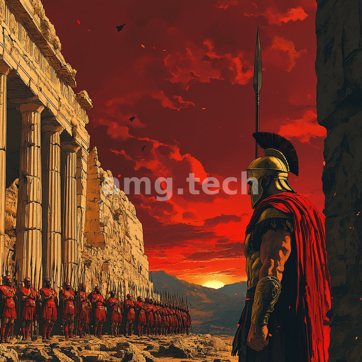A plumed hoplite stands sentinel above a marching column of warriors, the marble temple and mountains ablaze beneath a blood-red sky.