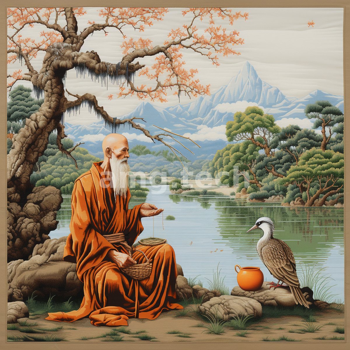 An embroidered tapestry depicts a white-bearded elder in saffron robes feeding a crane by a still lake beneath blossoming boughs and blue peaks.
