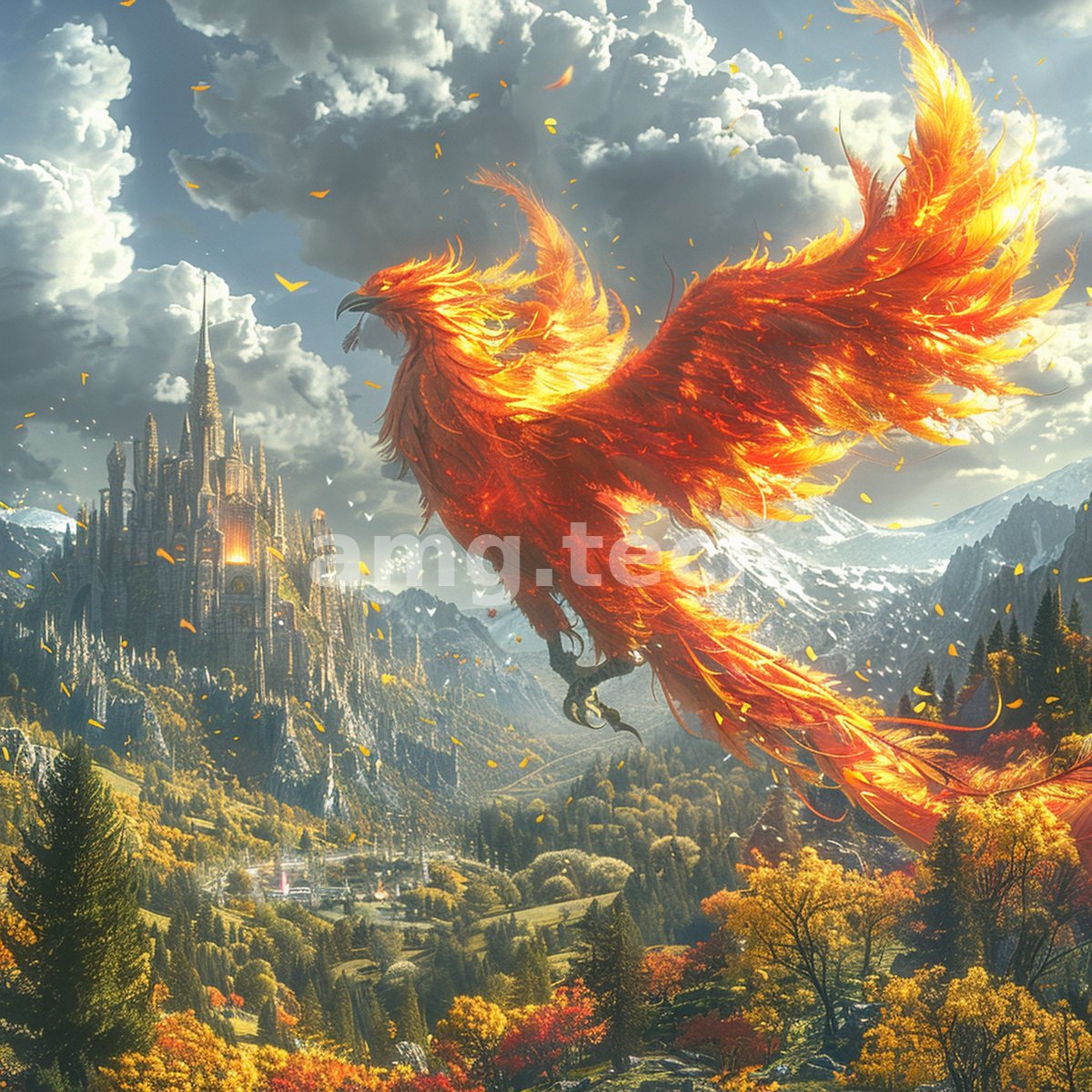 A blazing phoenix sweeps across an autumn valley, its fiery plumage scattering embers above a spired castle and snow-capped peaks.