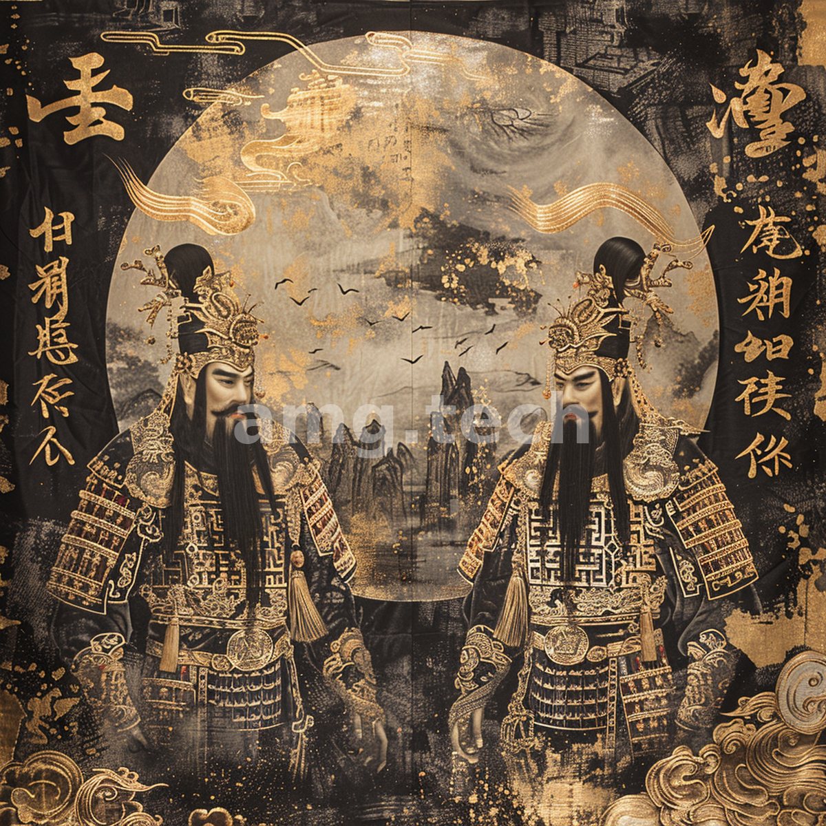 Mirrored armoured generals stand sentinel before a golden moon, their regalia and flanking calligraphy wrought in antique gilt and shadow.