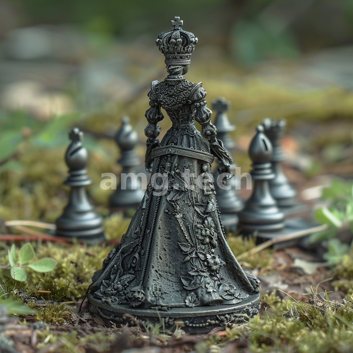 A finely wrought pewter queen reigns amid her chessmen upon a bed of woodland moss, gown carved with climbing blossoms.