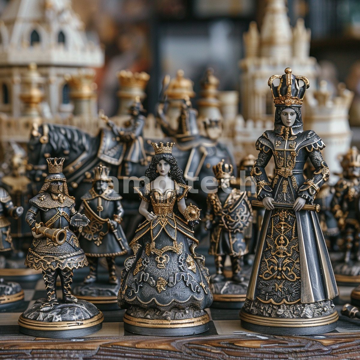 An ornate royal chess set in blackened steel and gilt assembles its regal figures across a marbled board, arrayed like a miniature court.