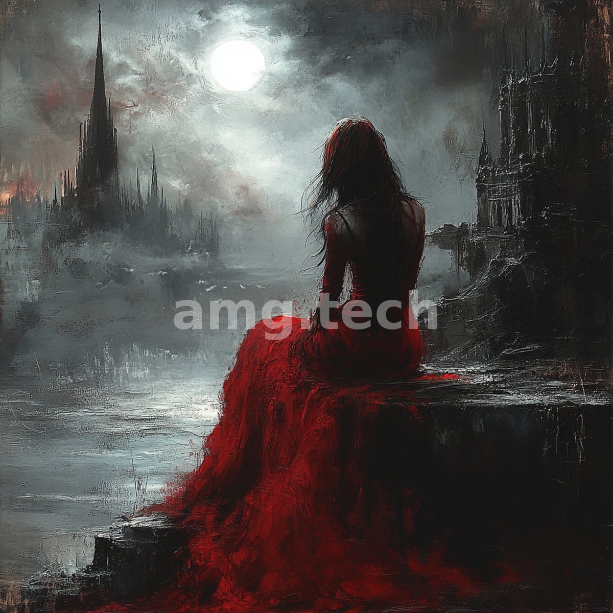 Beneath a pale moon, a woman in a flowing red gown sits at the water's edge, gazing toward a shadowed Gothic city.