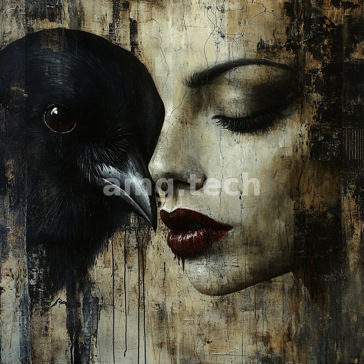 A serene woman's profile meets a glossy black raven against a weathered, gilded ground, intimacy poised between beauty and omen.