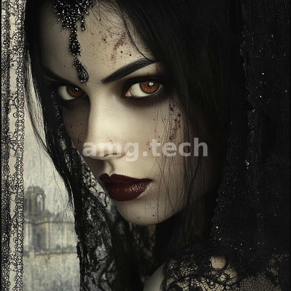 A dark-haired woman gazes out from behind black lace, amber eyes and crimson lips luminous against a faded, haunted interior.