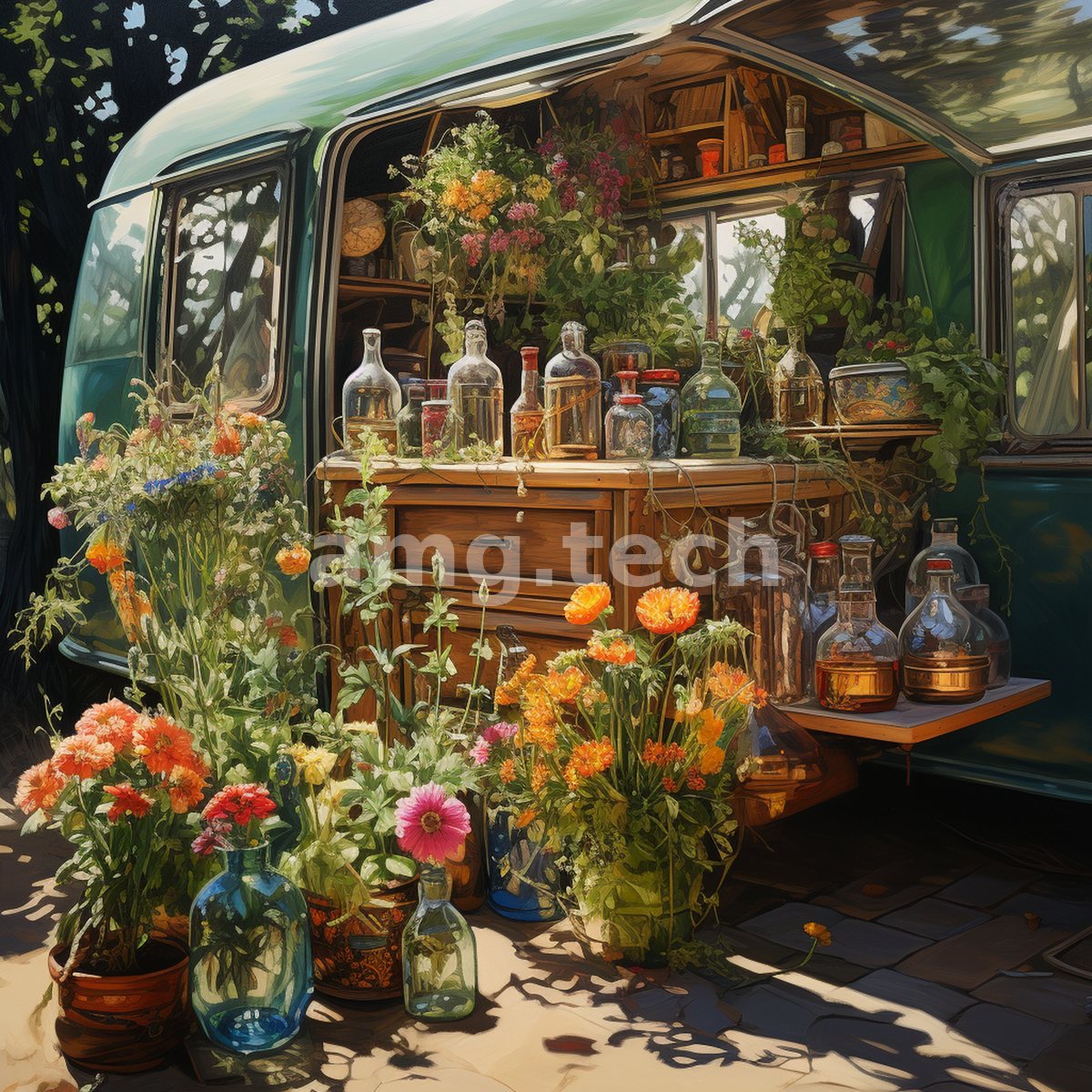 A vintage green wagon opens to a lavish spill of wildflowers and glass bottles, glowing in dappled afternoon light.