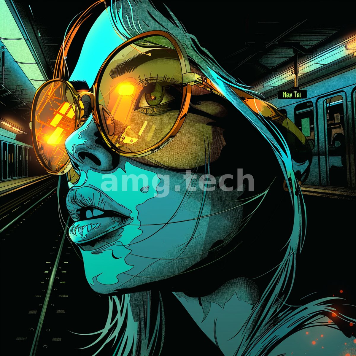 A woman in mirrored amber glasses turns beneath the electric glow of a subway station, her face rendered in vivid comic-noir hues.