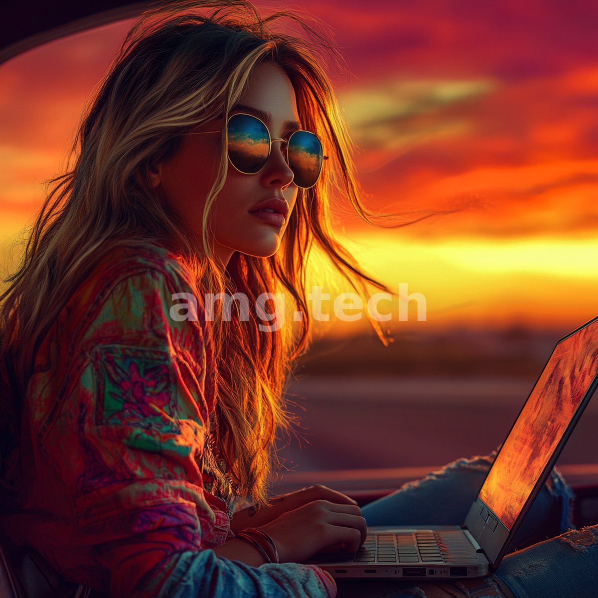 Bathed in molten dusk, a woman in aviators and patchwork denim works at a laptop, the blazing sky mirrored in her lenses.