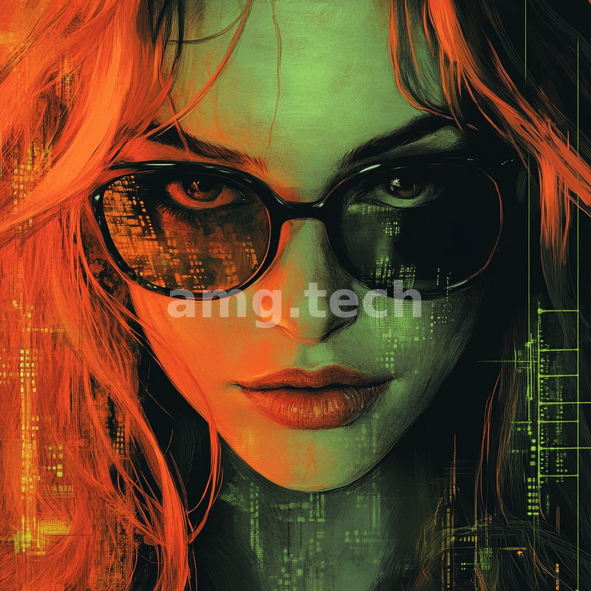 A flame-haired woman peers through tinted glasses, her face fractured by cascading data against a luminous digital ground.