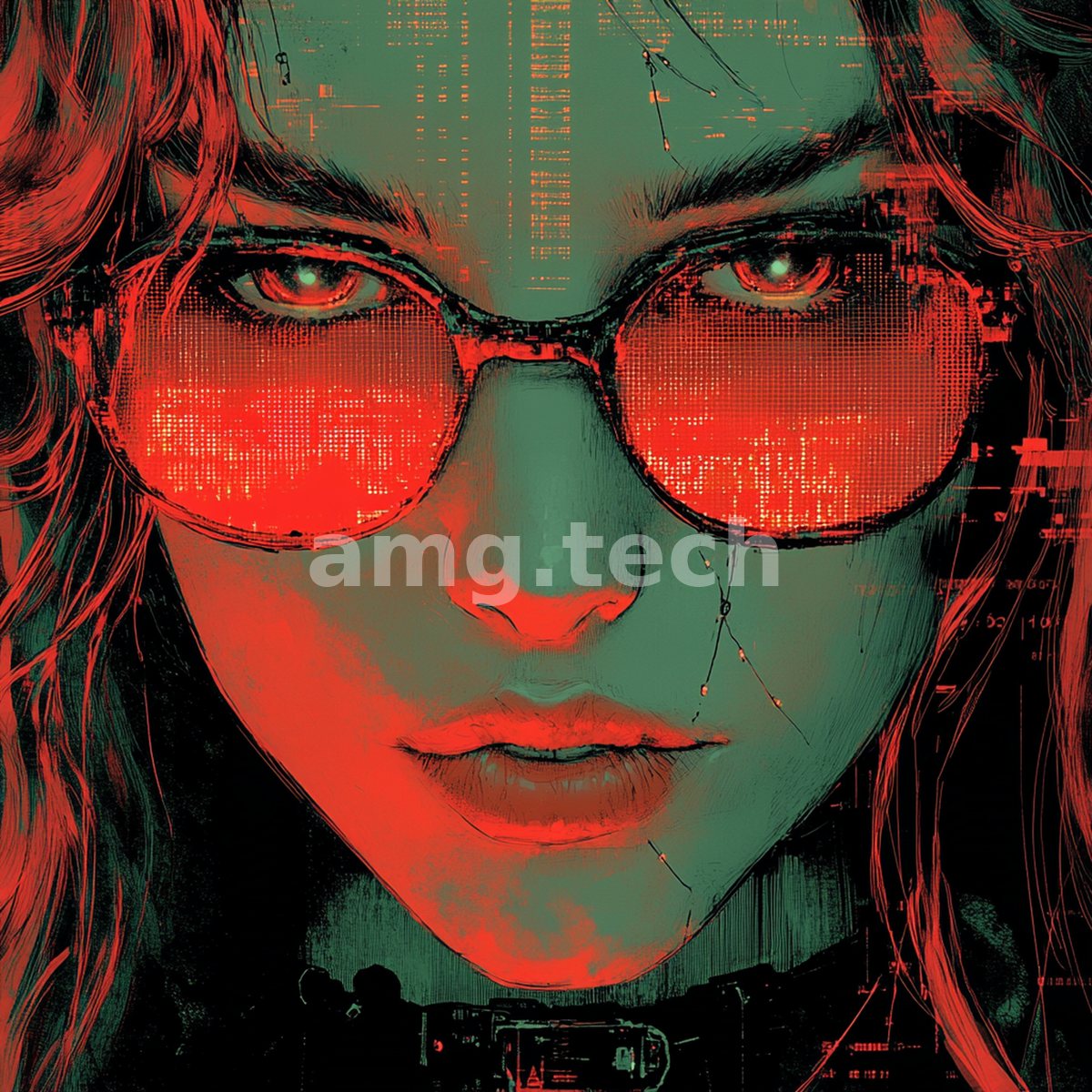 Rendered in stark red and teal, a woman's face glows behind crimson-lit spectacles amid glitching streams of code.