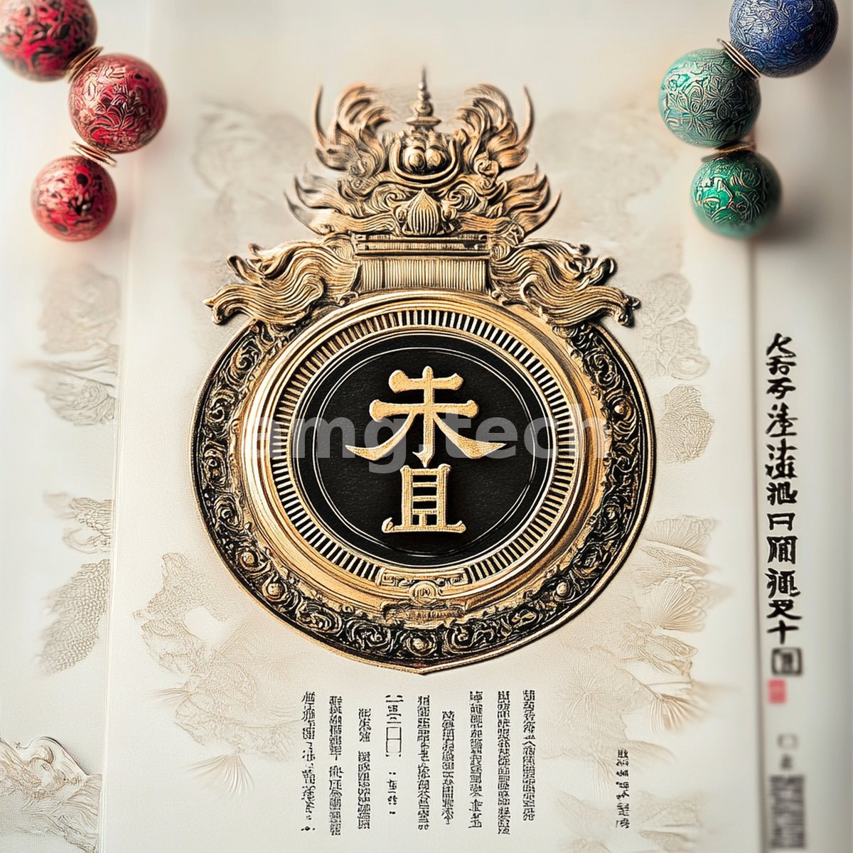 An ornate gilded medallion crowned by a stylised dragon rests upon aged parchment, flanked by lacquered beads and columns of calligraphy.