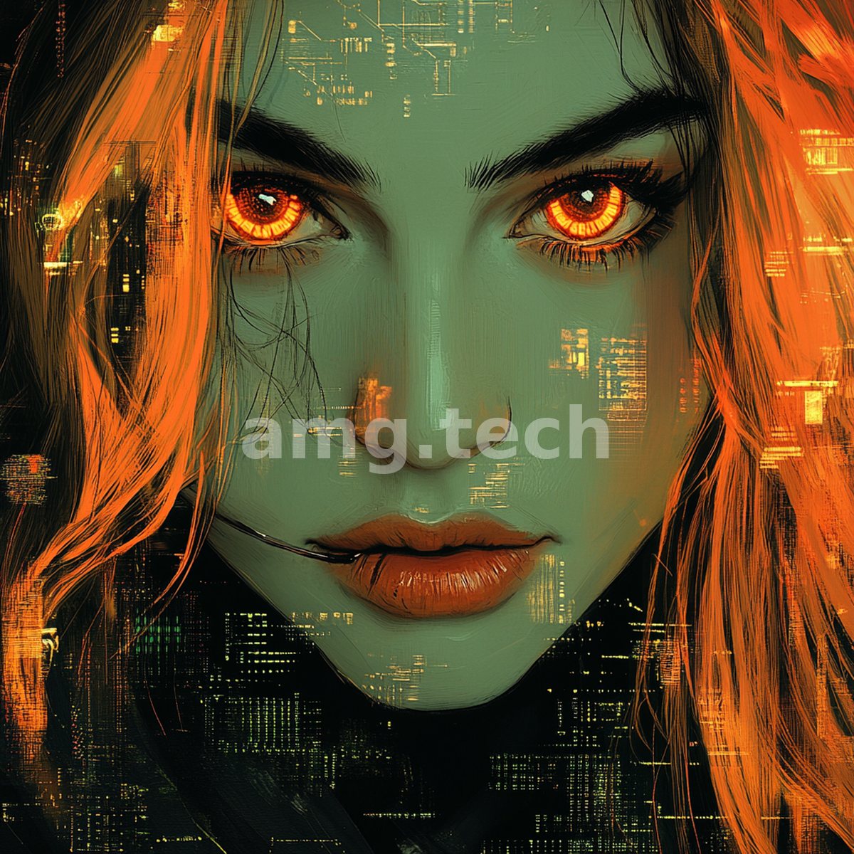 With glowing amber eyes and fiery hair, a woman emerges from a shimmering circuit-lit haze in luminous verdant tones.