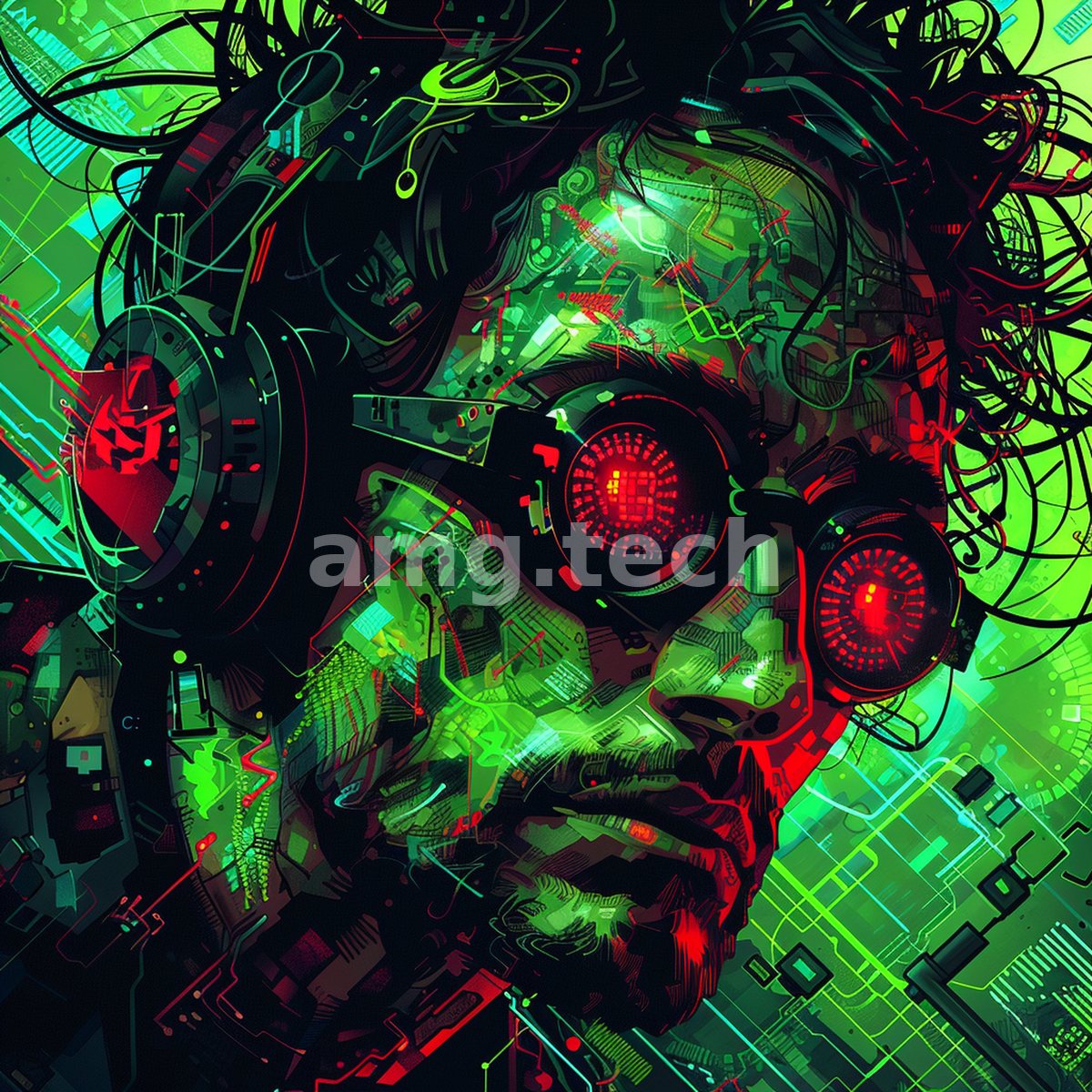 A pensive man crowned in cables and headphones dissolves into vivid green-and-crimson circuitry, a portrait of the machine age.