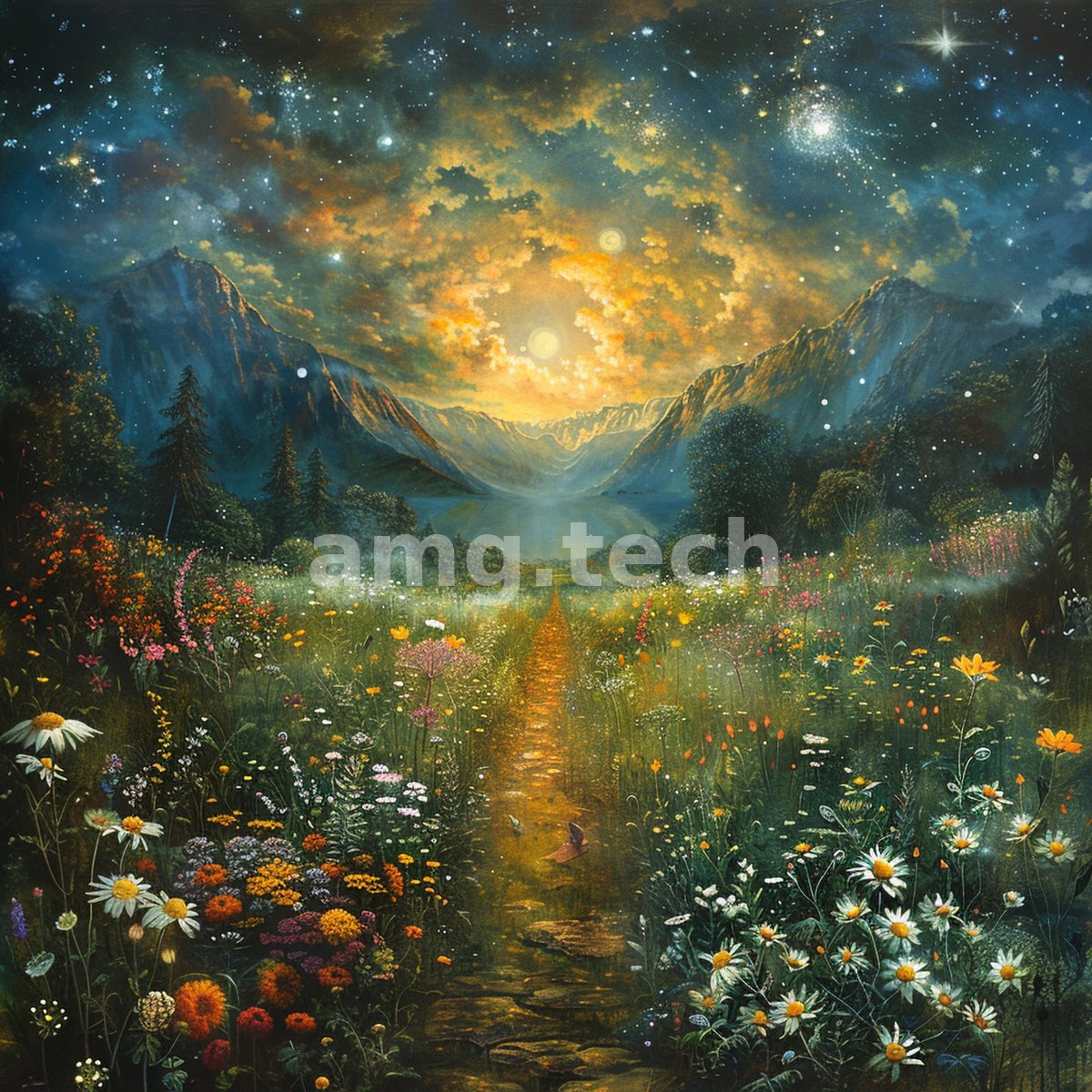 A golden trail winds through a wildflower meadow toward moonlit mountains beneath a swirling, star-strewn sky.