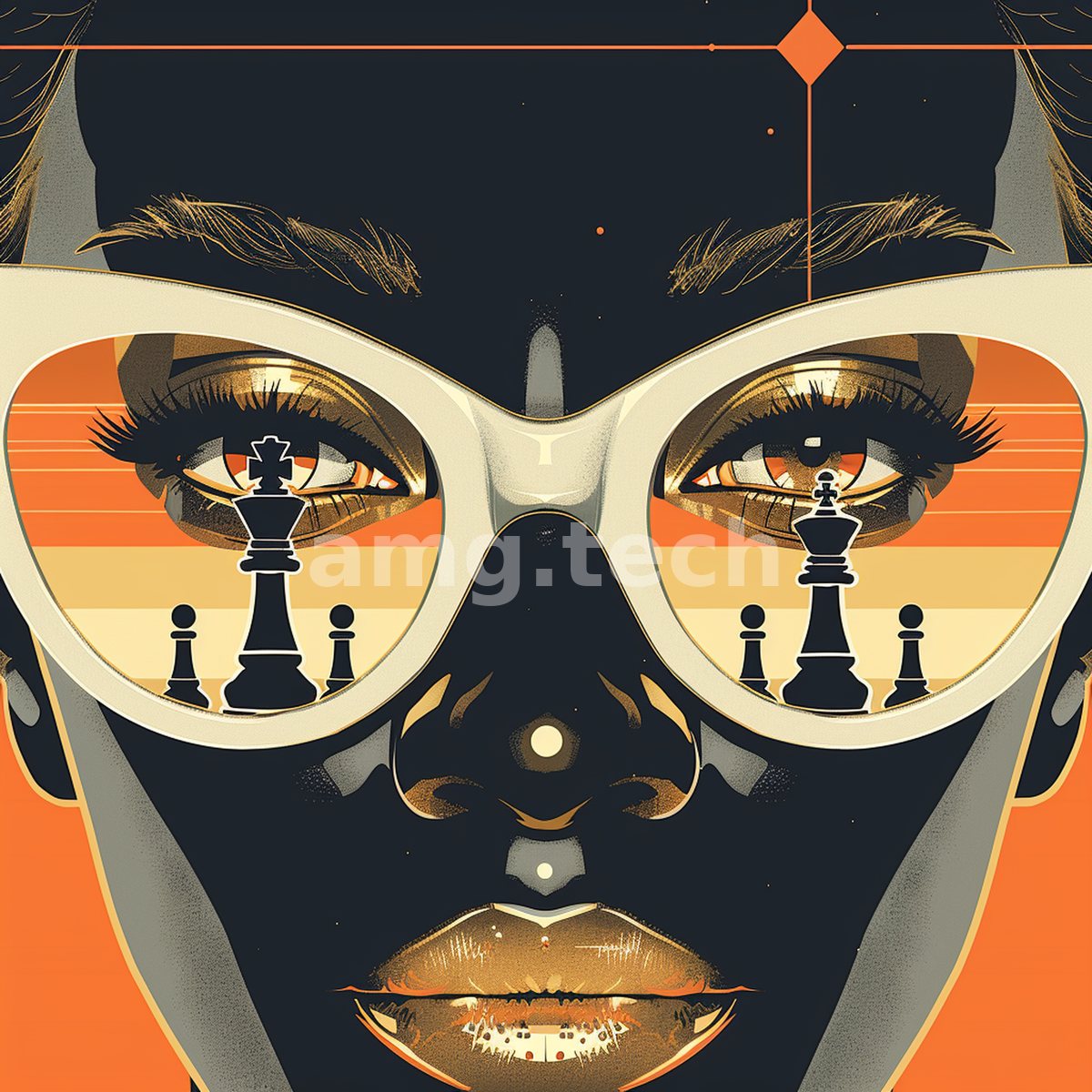 A close portrait in amber and slate, oversized cat-eye lenses reflecting a poised endgame of kings, knights, and pawns.