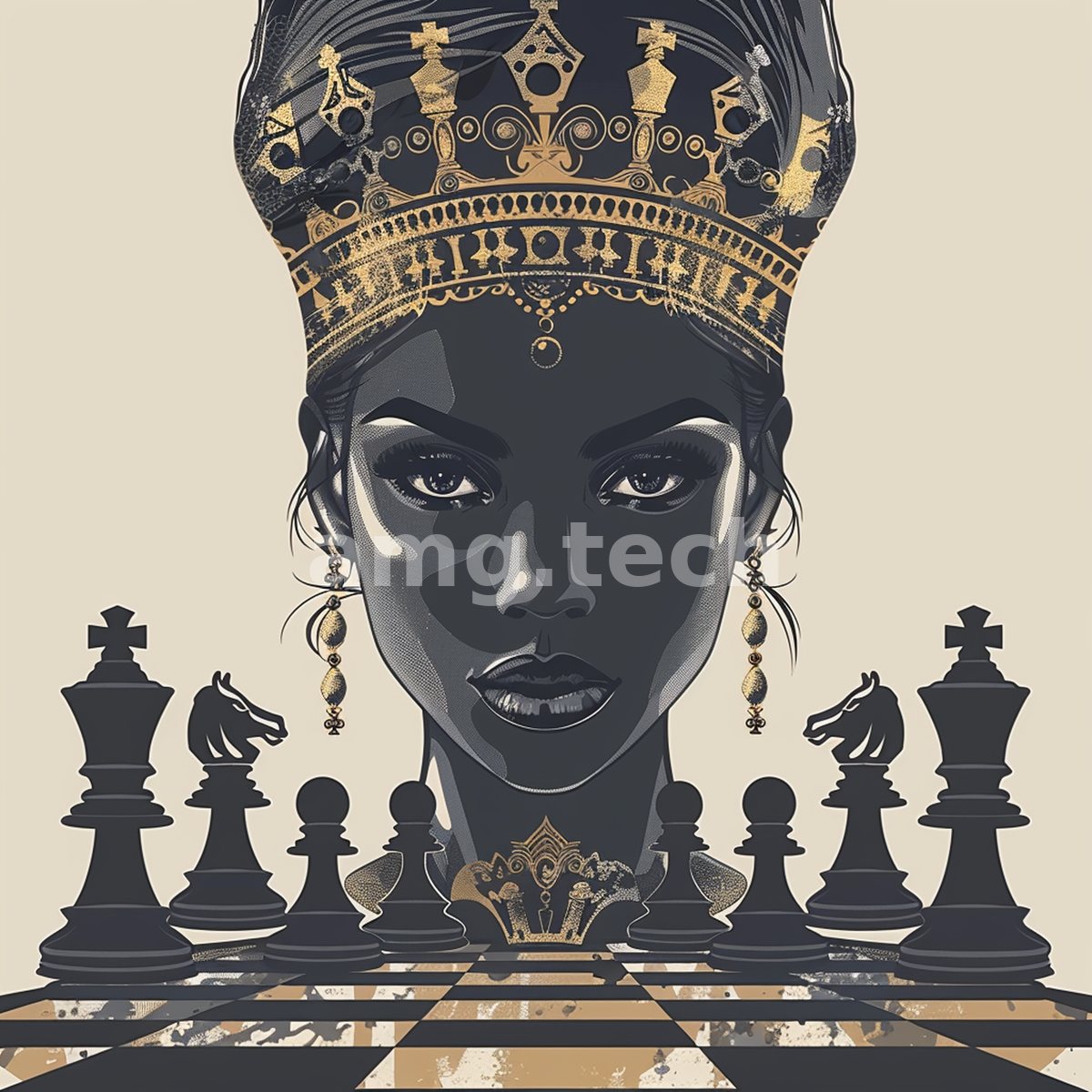 A crowned figure gilded in gold presides serenely above ranked chess pieces on a weathered board, sovereign and unhurried.