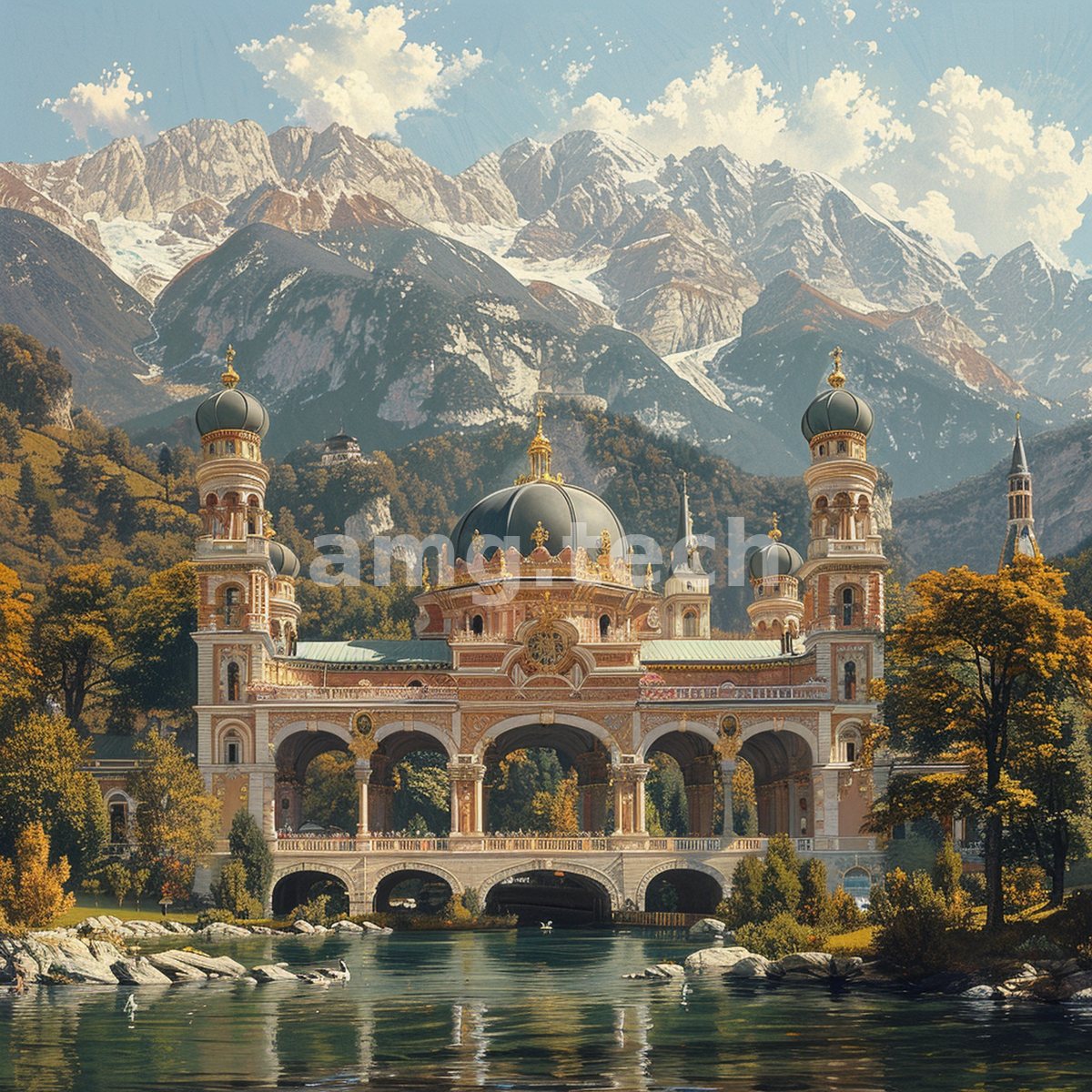 An ornate domed pavilion of gold and verdigris rises above a still lake, framed by autumn woods and snow-crowned peaks.