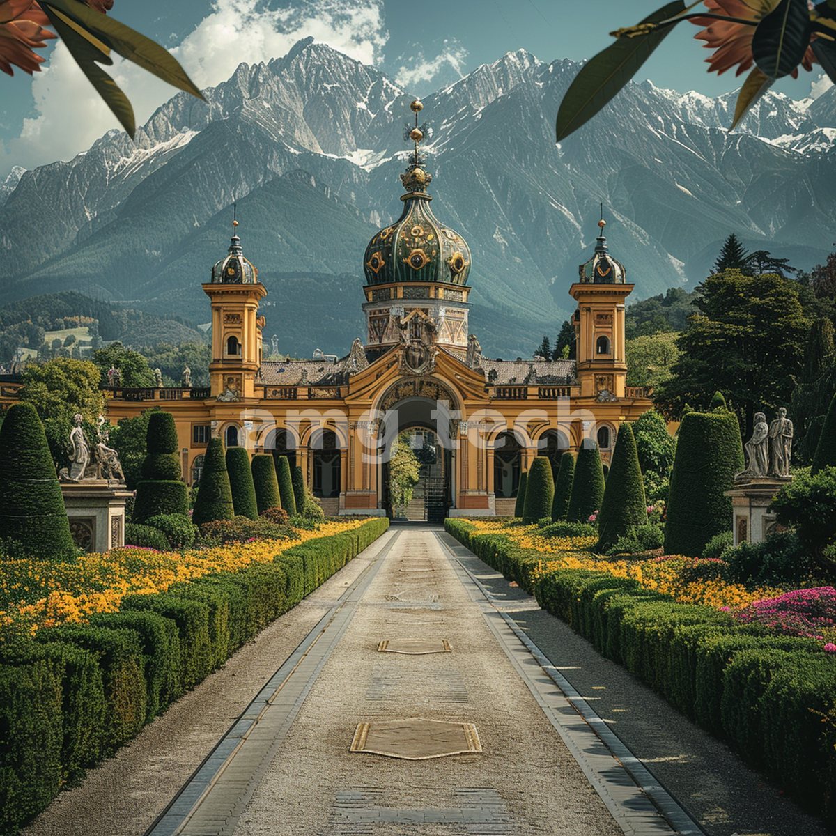 A manicured avenue of topiary and blossom leads toward a domed baroque palace set against towering alpine ridges.