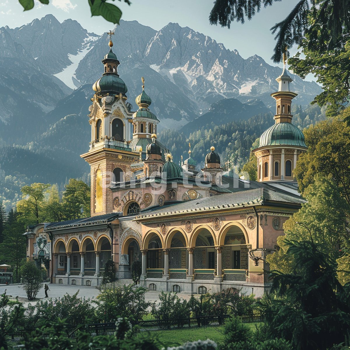 A pastel baroque villa crowned with copper domes nestles into forested slopes below sharp, sunlit mountain crags.