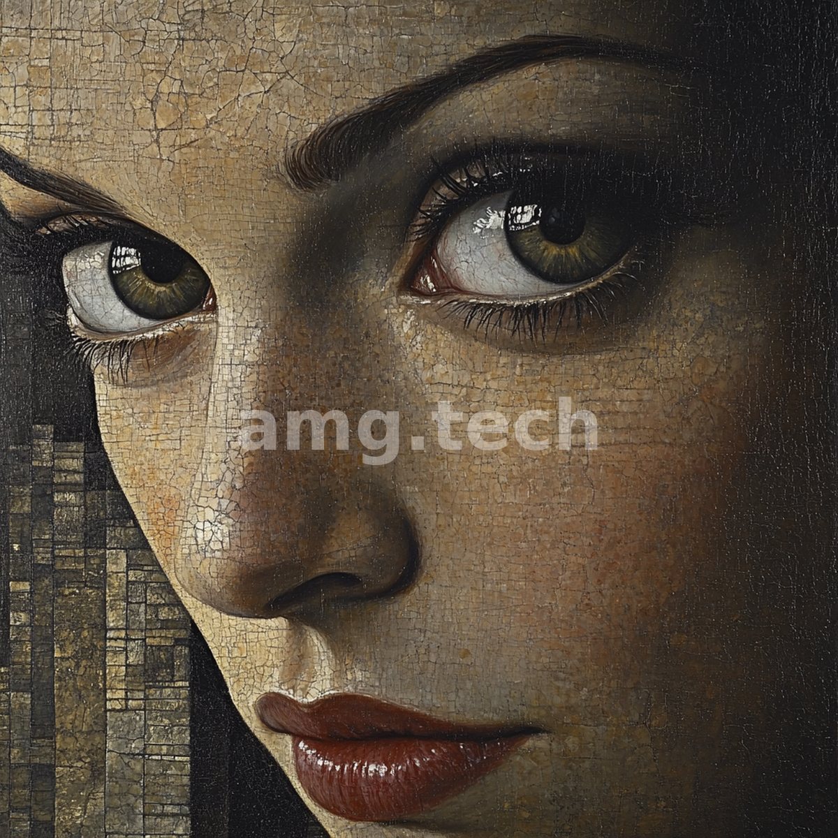 A luminous painted face emerges from a finely cracked, aged surface, her wide green eyes and crimson lips arrestingly alive.