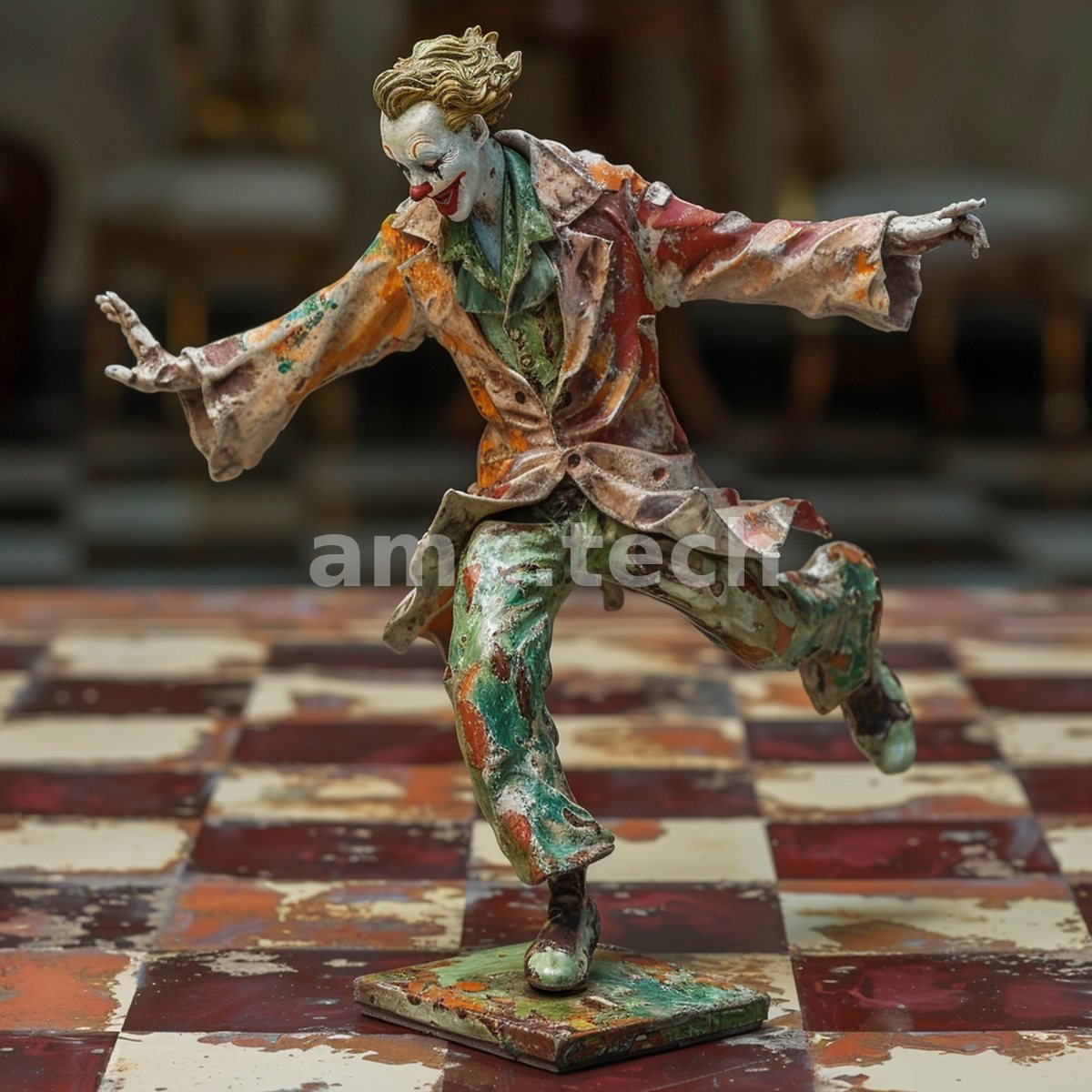 A weathered polychrome figurine of a leaping harlequin balances mid-dance across a worn chequered marble floor.