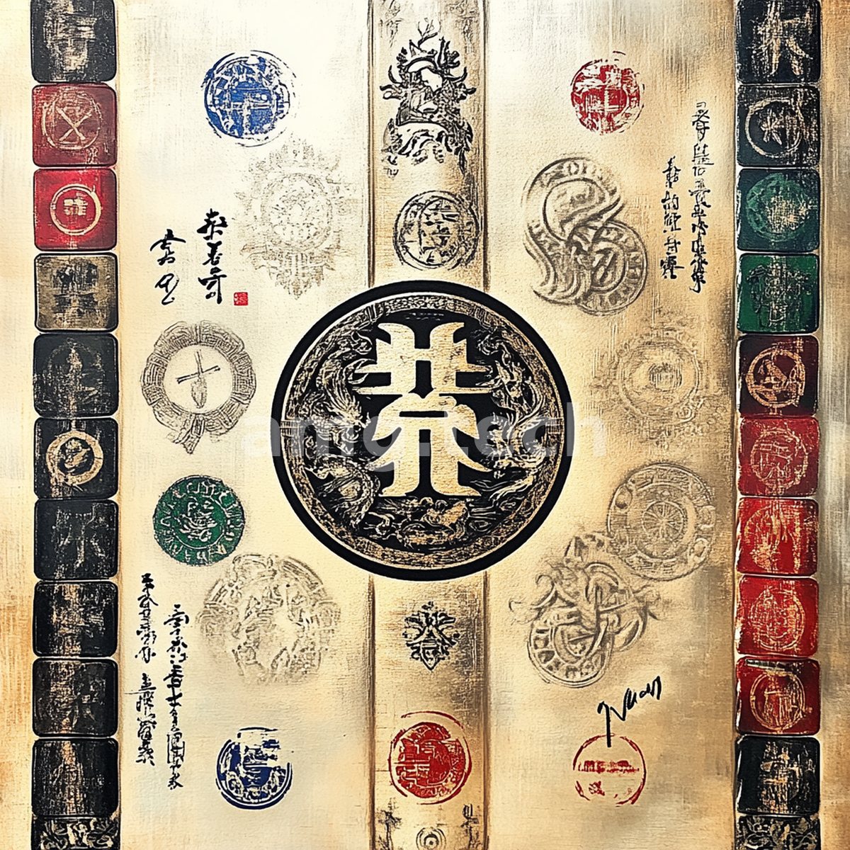 A central emblem anchors a gilded field scattered with weathered stamps and cinnabar marks, evoking a scholar's page of collected chops.