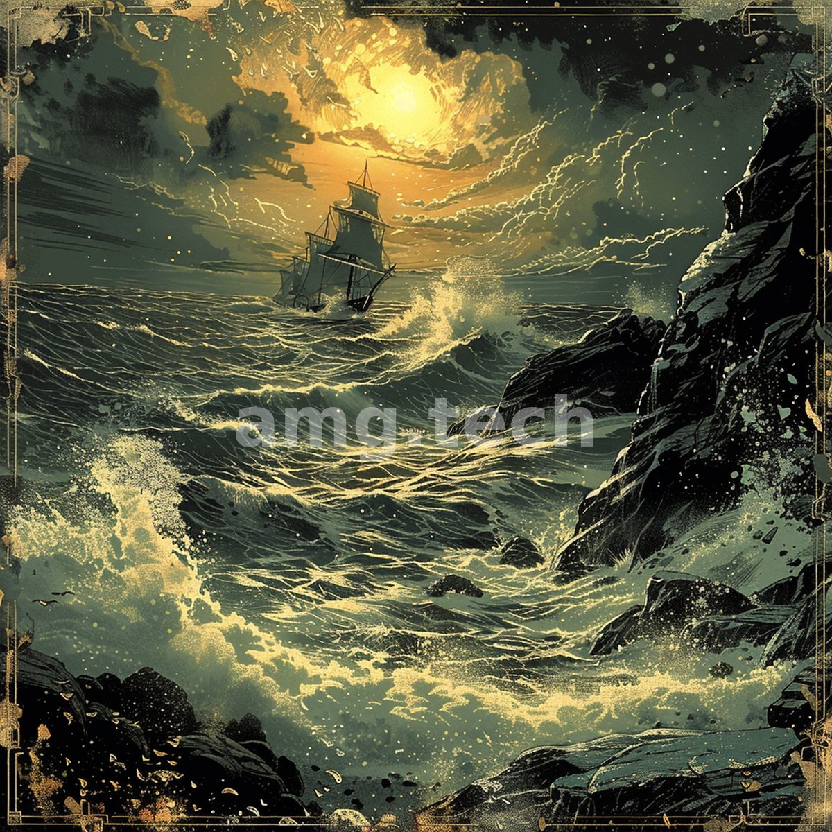 A lone tall ship rides heaving swells beneath a burning golden sky, hemmed by dark cliffs in inked woodblock style.