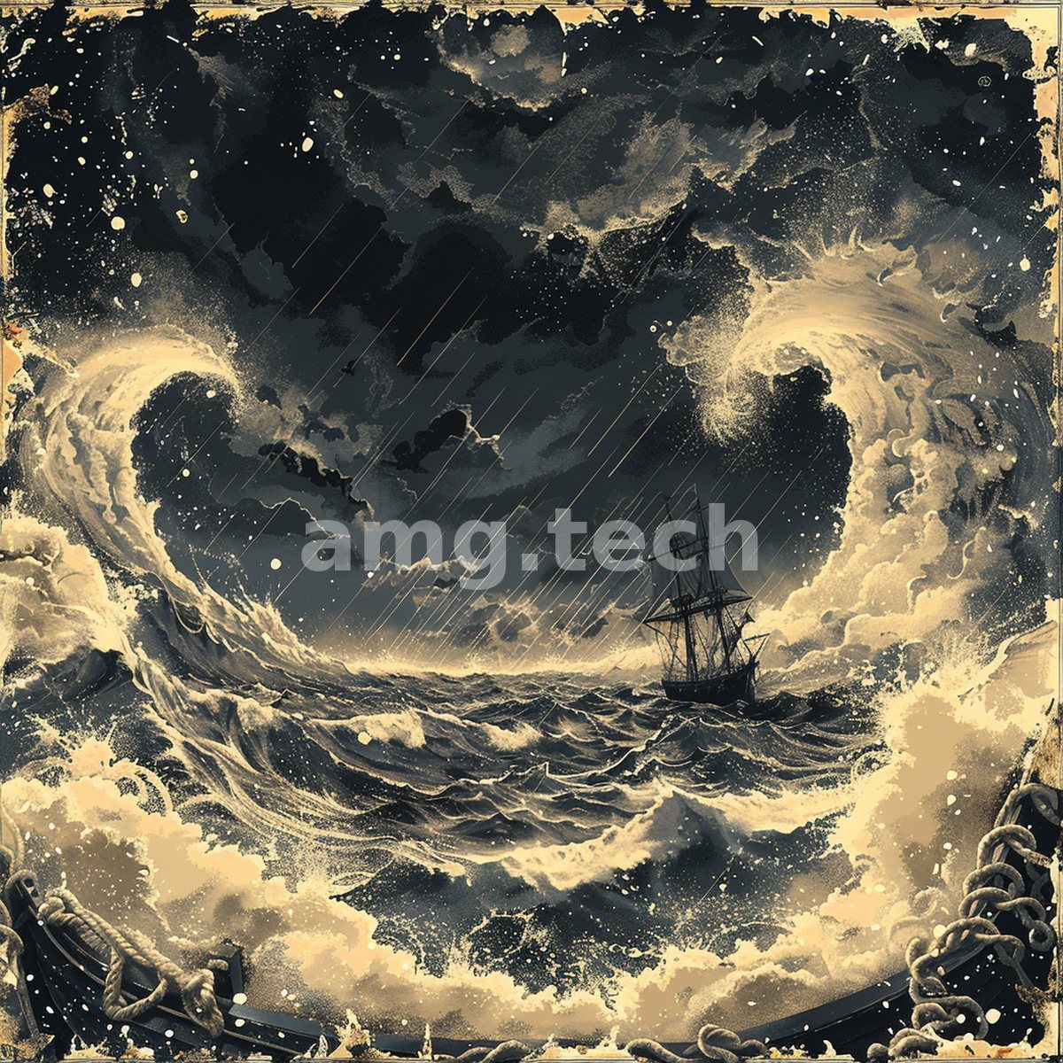 A small vessel is swallowed by towering spiralling waves under a bruised night sky, rendered in dramatic sepia and cream.