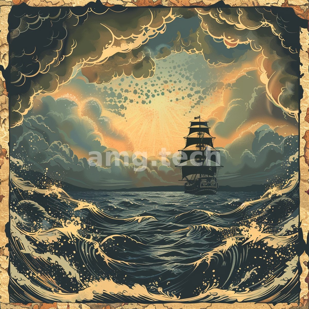 A galleon sails toward a radiant breaking sunrise across stylised swells, framed by rolling clouds and cresting foam.