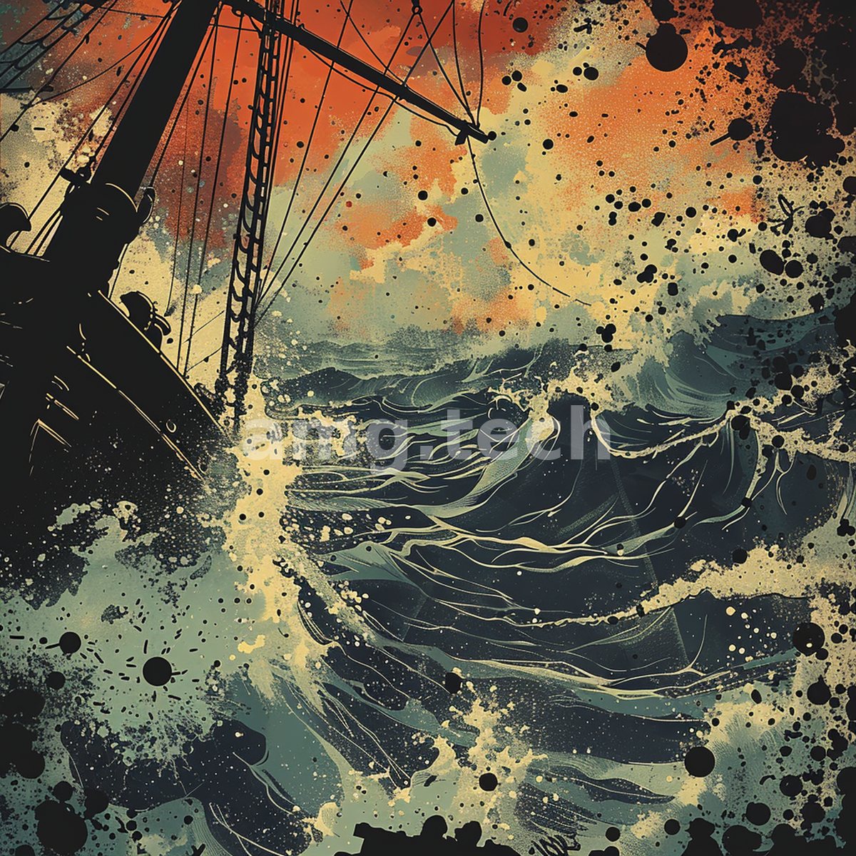 A ship's mast and lines lean into churning seas beneath a splattered sky of rust and teal, raw and expressive.
