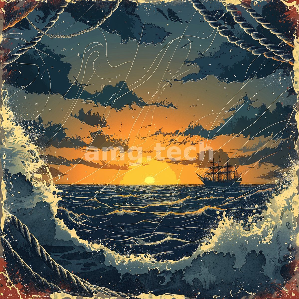 Framed by coiled rope and breaking spray, a distant ship crosses a blazing orange horizon as the sun meets the sea.