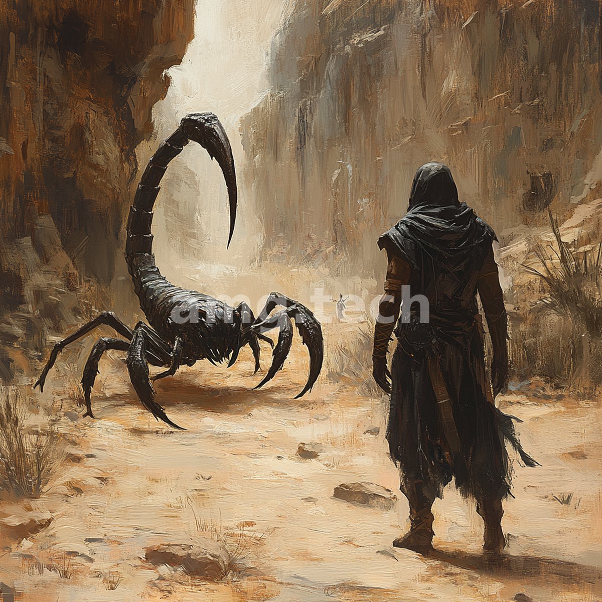 A hooded wanderer faces an immense scorpion in a sunlit canyon, painted in earthen oils with brooding, cinematic stillness.
