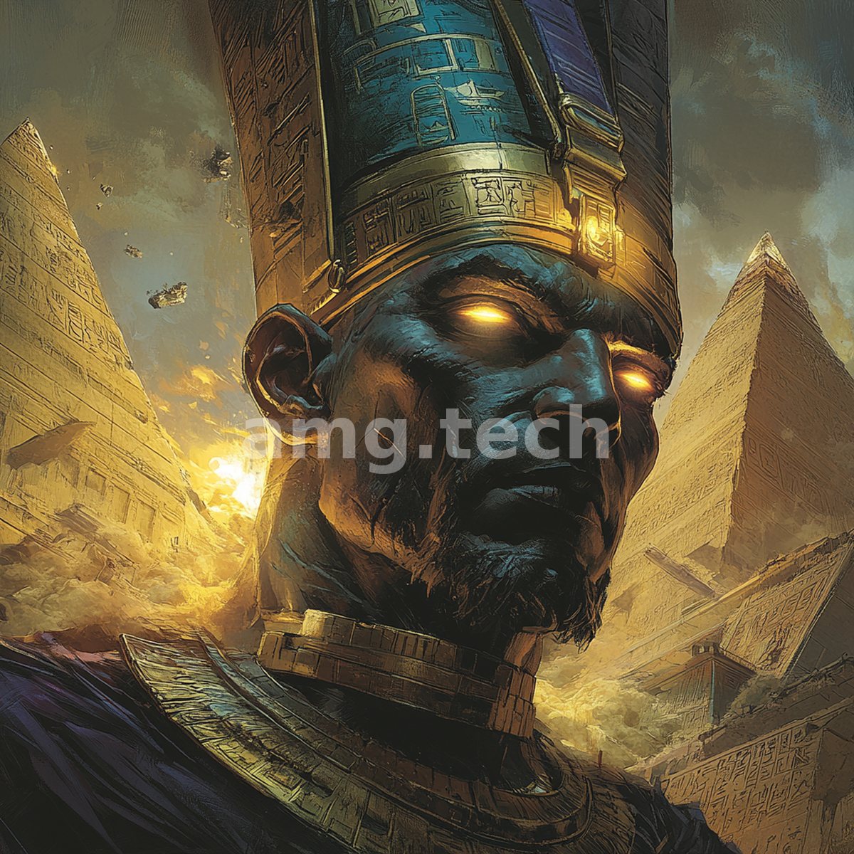 A golden-eyed pharaoh in a hieroglyphed crown rises before burning pyramids, radiant fire spilling across an ancient desert horizon.