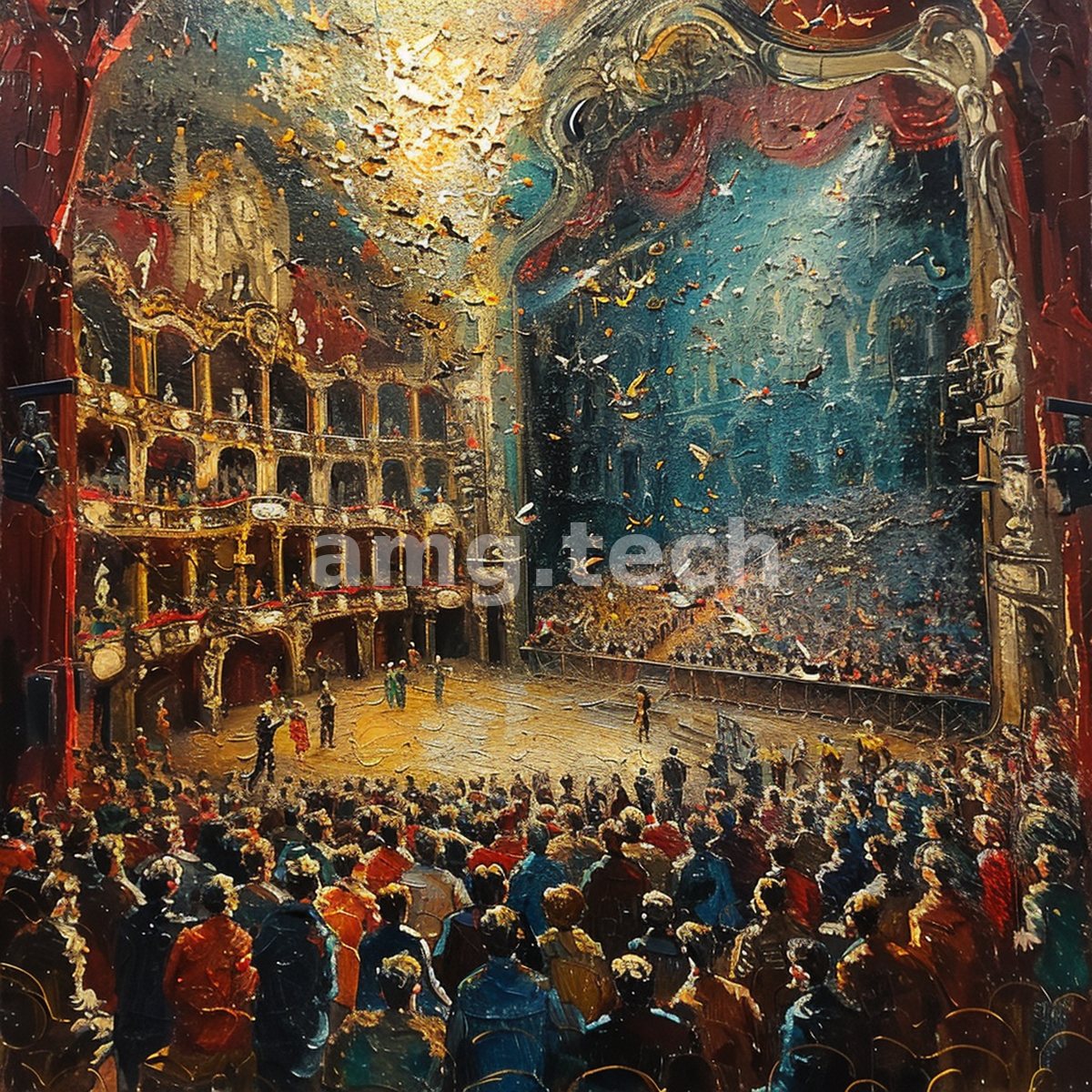 An impasto vision of a grand theatre in full performance, its gilded tiers and rapt audience glittering beneath a shower of golden light.