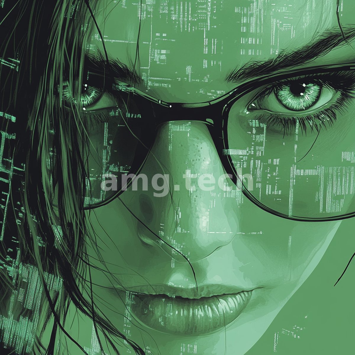 A woman in glasses gazes intently through a veil of cascading green data, her face dissolving into streams of digital text.