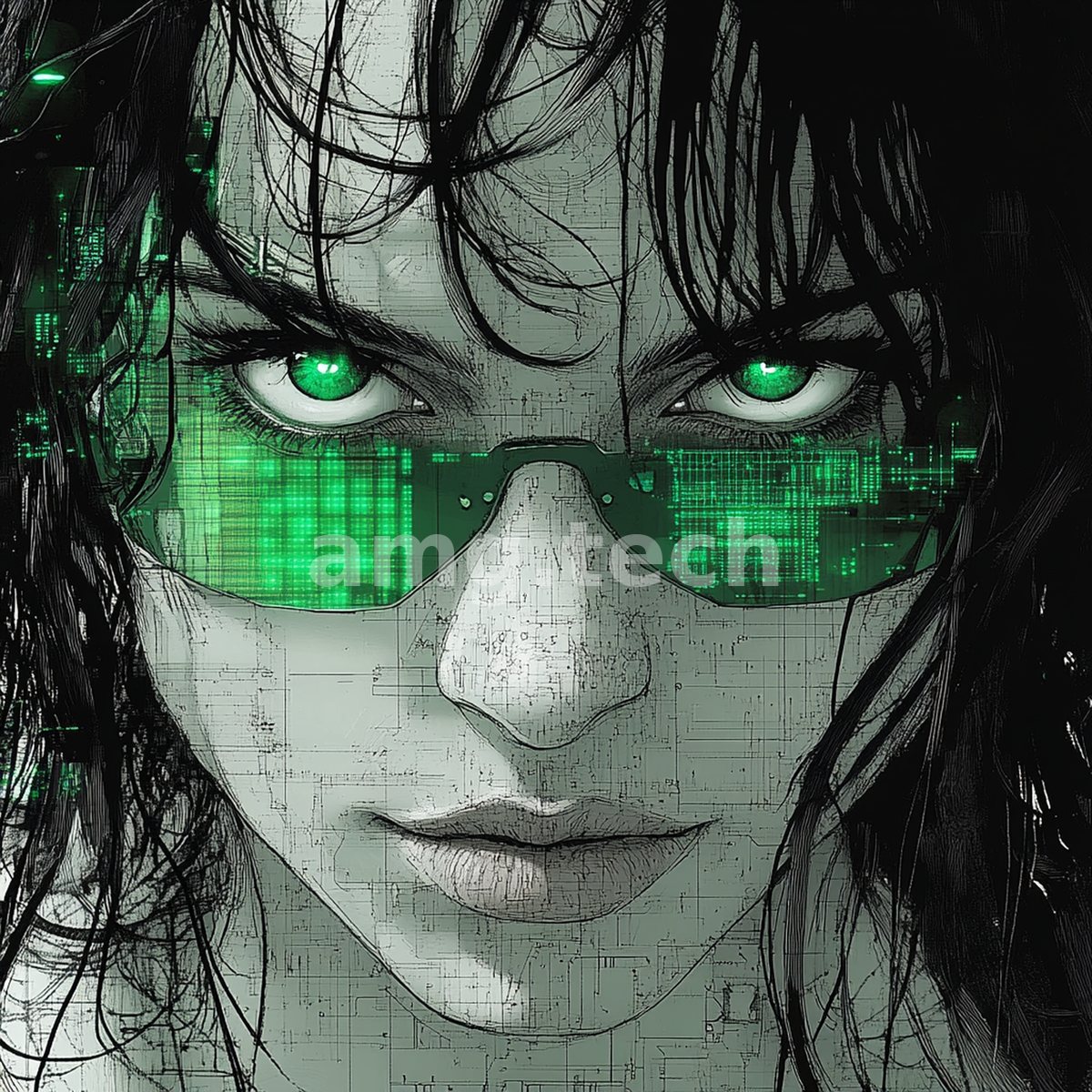 A steel-toned portrait of a woman whose visor glows with luminous green circuitry, her sharp gaze piercing the electronic haze.