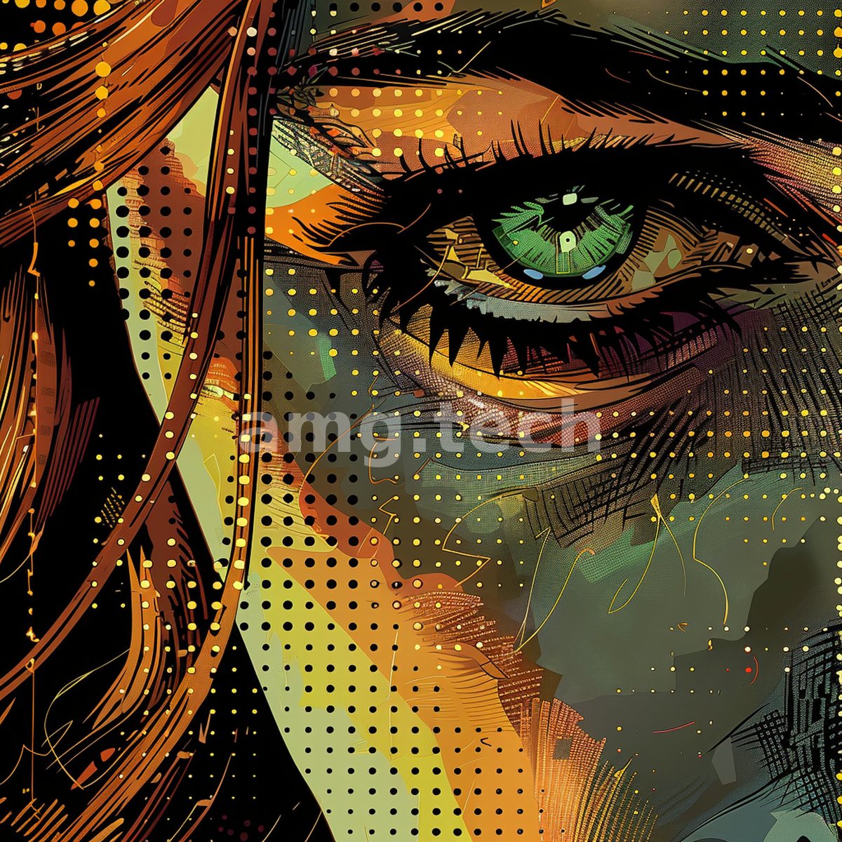 A single emerald eye emerges from a vivid pop-art field of amber dots and inked strokes, alive with color and energy.