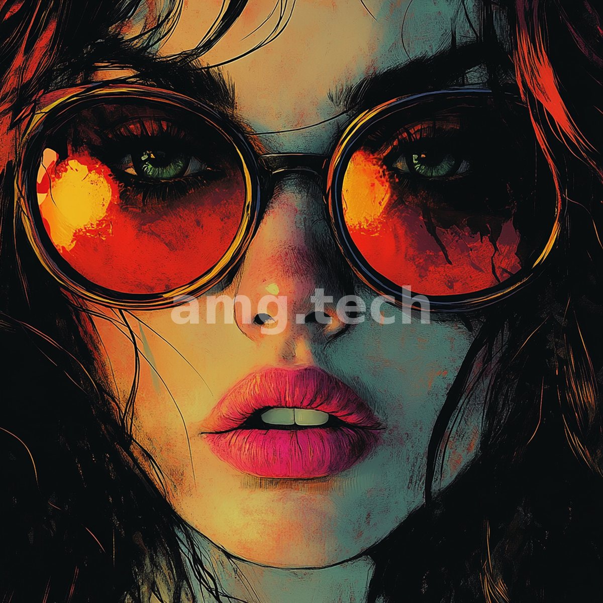 A striking portrait of a woman in crimson round spectacles, fiery lenses aglow above softly parted, magenta-painted lips.